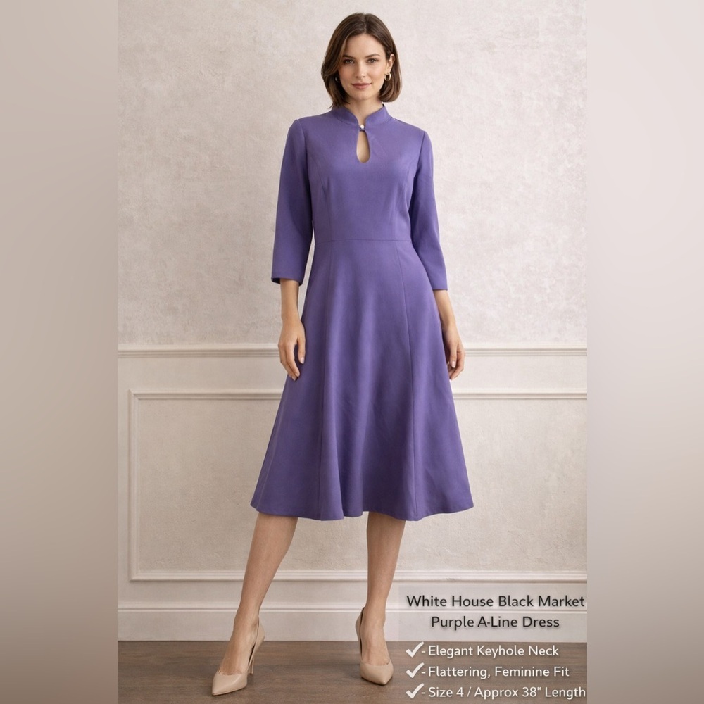 White House Black Market Purple A-Line Dress Size 4 Elegant Keyhole Neck